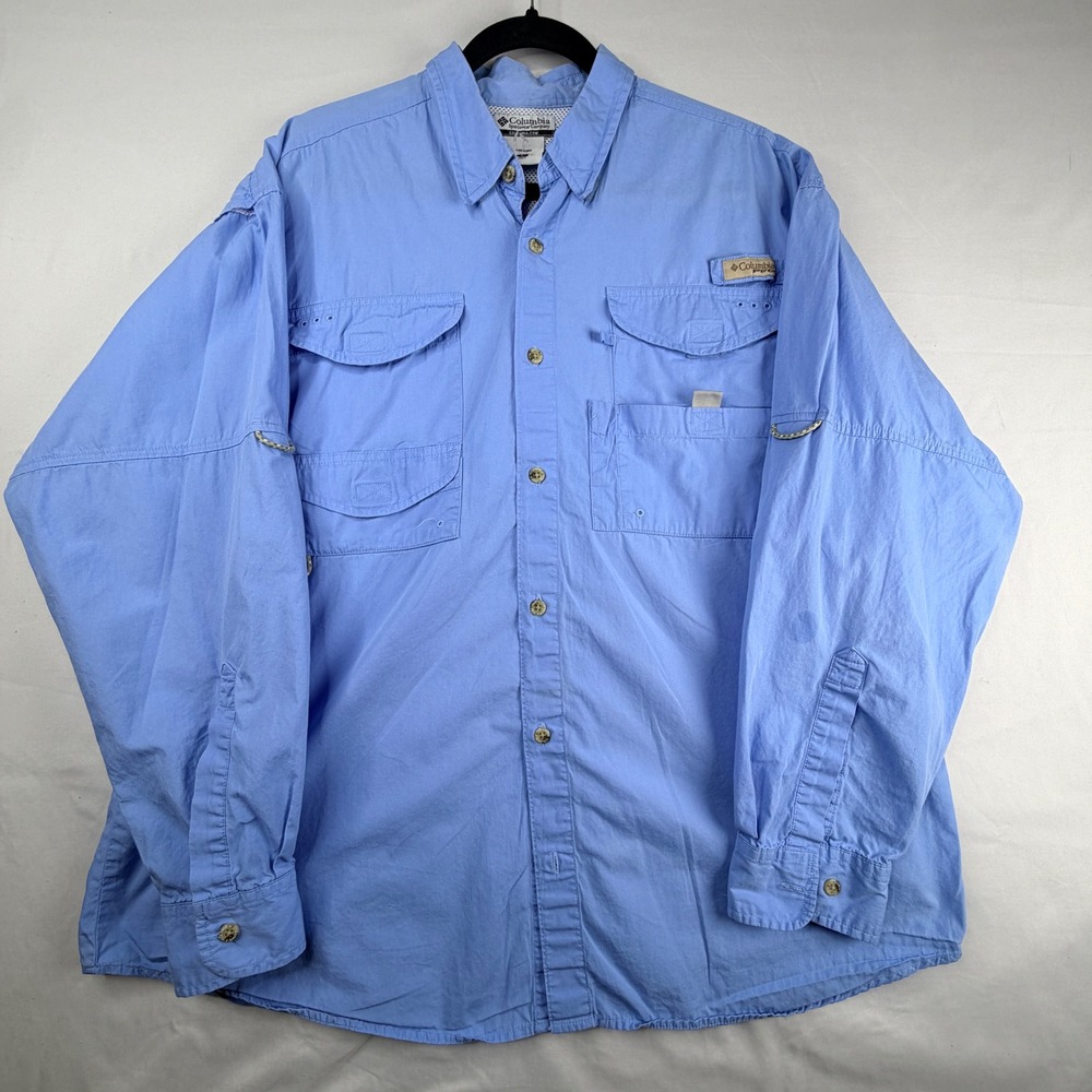Columbia PFG Bahama II Long Sleeve Fishing Shirt Mens Large Blue UPF 30 Venting